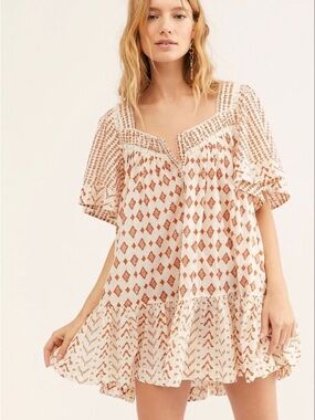 Free People Cream Mini Dress with Rust Diamond Motif